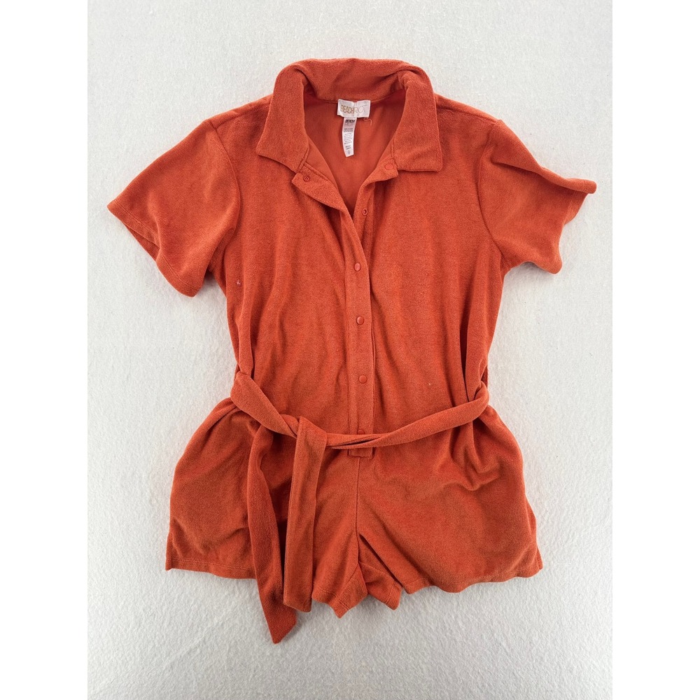 Beach Riot Gia - Terry Cloth Snap Front Belted Romper - Orange -‎ M - Women